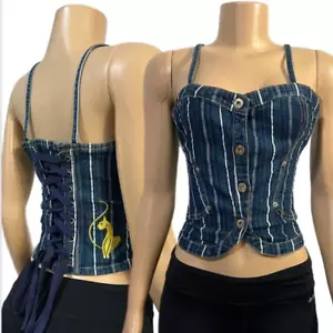 Top corsetto denim a righe con bottoni davanti gatto ricamato schiena Phat bambino M - Foto 1 di 6