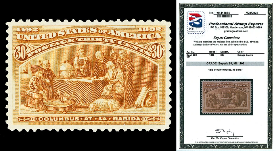 Scott 239 1893 30c Columbian Issue Unused Graded Superb 98 NG with PSE CERT! - Image 1 of 1