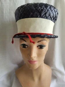 Vintage Unmarked Navy Blue Woven Hat with White and Red Band - Picture 1 of 5