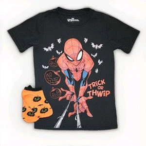 Marvel Spiderman "Trick or Thwip" Halloween Black T-Shirt Unisex Youth 6 + Socks - Picture 1 of 10