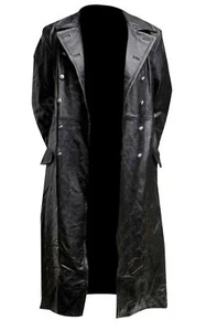 MEN'S CLASSIC OFFICER MILITARY BLACK LEATHER LONG GERMAN TRENCH COAT - Picture 1 of 4