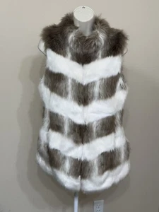 WHBM Women’s White & Tan Striped Sleeveless High Neck Faux Fur Vest s S - Picture 1 of 11