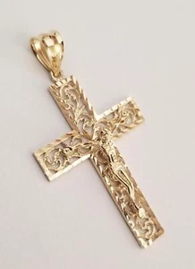 14K Solid Gold Crucifix Cross Religion Diamond Cut Jesus  Pendant for Necklace - Picture 1 of 8