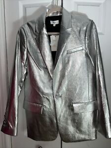 $595 A.L.C Dakota Blazer Womens Jacket Sz 10 Metallic Silver Faux Vegan Leather