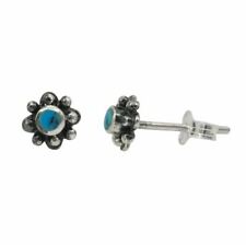 Sterling Silver Round Stone Flower Beaded Petals Post Stud Earrings, Turquoise