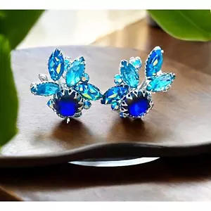 Vintage Judy Lee Earrings Peacock Blue Lava AB RHINESTONES Clip-On Grandmacore - Picture 1 of 24