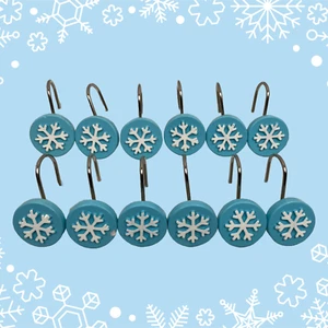 Snowflake Shower Curtain Hooks Blue White Set Winter Holiday Bathroom Decor - Picture 1 of 8