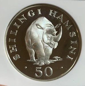1974 RHINOCEROS TANZANIA $50 NGC PF68 ULCA SILVER COIN - Picture 1 of 3