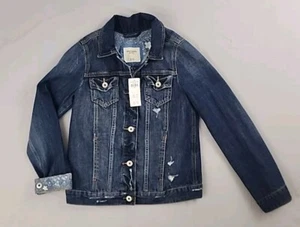NWT Abercrombie Kids Jean Denim Jacket Girls Size 13/14 Destressed Dark Wash - Picture 1 of 9