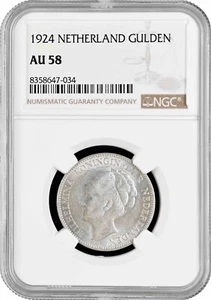 Netherlands 1 gulden 1924, NGC AU58, "Queen Wilhelmina (1890 - 1948)" silver - Picture 1 of 2