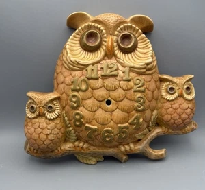 Vintage Drei Eulen Familie Wanduhr Bauernhaus hellbraun Scheune Vogel Keramik - Bild 1 von 7