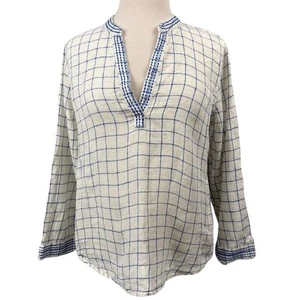 Faherty Damen karierte Leinenbluse mit V-Ausschnitt blau Gr. M Freizeit Oberteil - Bild 1 von 10