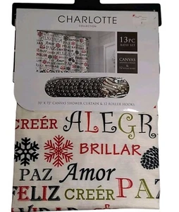 New Shower Curtain & Hook Set Spanish Holiday Words Amor Feliz Alegria 70"x72" - Picture 1 of 9