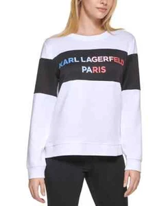 NWT $89.50 Women's Karl Lagerfeld Colorblock Rainbow Logo Sweatshirt WHITE - Picture 1 of 4