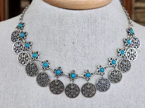 Acrylic Turquoise Dangle Openwork Coin Charm Silver Tone Pendant Necklace 19.5"" - Picture 1 of 5