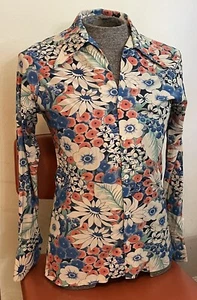 1970s Floral disco nylon long sleeve button Dagger Collar shirt - Picture 1 of 6