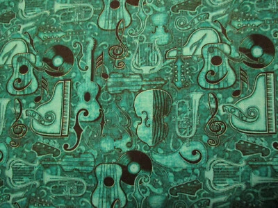 GUITAR MUSIC INSTRUMENTS NOTES RECORD PIANO MORE GREEN DIGITAL COTTON FABRIC FQ  - Image 1 of 4