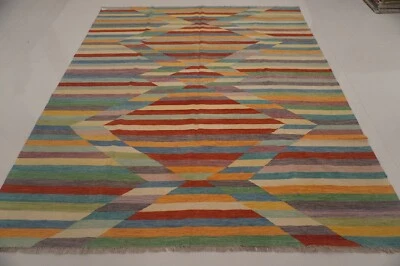 8x10 Afghan Multicolor Modern Hand woven Abstract Wool Reversible Kilim Area Rug - Image 1 of 4