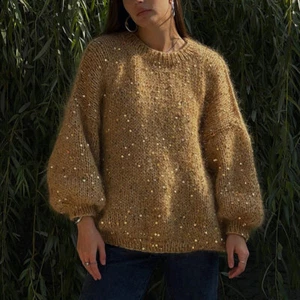 Mohair Loose Round Neck Lantern Sleeve Head Knitted Sweater Sequined Sweater - Picture 1 of 18