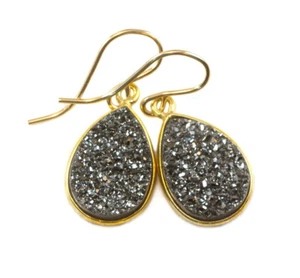 14k Gold Druzy Earrings Black Grey Teardrops Bezel Set Drusy Sterling  Drops - Picture 1 of 4