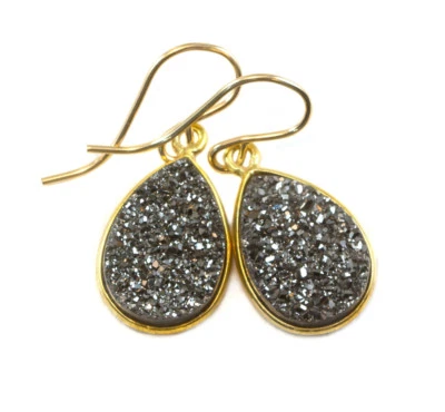 14k Gold Druzy Earrings Black Grey Teardrops Bezel Set Drusy Sterling  Drops - Image 1 of 4