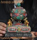 6,4'' Tibet ancien bois bronze agate turquoise perle Dzi gemme roue de prière statue