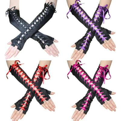 Women's Sexy Elbow Length Fingerless Lace Up Arm Warmer Long Punk Gloves ✿ - Image 1 of 4