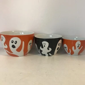 Crate and Barrel Halloween Bowl Set 3 Sizes Ghosts Black Orange White 4" Deep - Picture 1 of 6