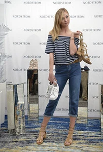 Topshop Smock Bardot a righe a spalla Petite 4 bianco navy Karlie Kloss - Foto 1 di 3