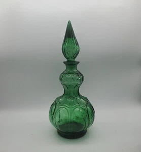Empoli Decanter Italy Corset Emerald Green Glass Genie Bottle Flame Stopper Vtg - Picture 1 of 14