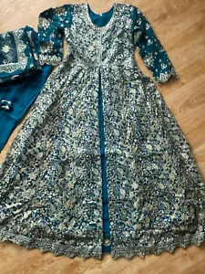 Wedding Party Wear Mehndi Nikkah floor length jacket dress maxi Jade Blue outfit - Picture 1 of 4