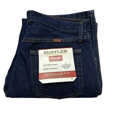 Rustler Jeans Wrangler 男式 31x29.5(实际)蓝色重量级牛仔直筒全新带标签 — 第 1/4 张图片