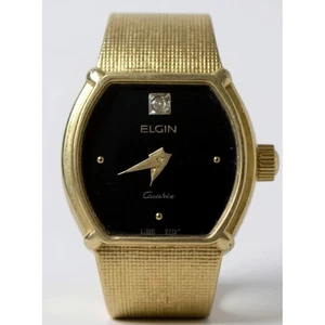 Elgin EK228-008 Quartz Women's Gold Tone Black Face Diamond Accent Tank Watch - Picture 1 of 12