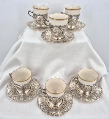 Vintage Silver Plated & Porcelain Ornate Pictorial Demitasse Cup/Saucer Set of 6 - Image 1 of 4