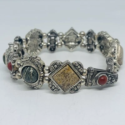 Premier Designs Jasper Epidote Silver Plated Link Bracelet Multicolor Stones 7” - Image 1 of 4