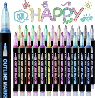 HMEUEST Glitter Pens, 24 Colours Outline Marker Pens, Metallic Glitter Markers with Dou