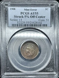 1908 Indian Head Cent 5% Off Center PCGS Au 55 Looks Near Unc With Color - Picture 1 of 4