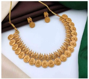 Temple Coin Gold Plated Necklace set Indian Kundan Bridal Wedding Jewellery 30” - Picture 1 of 2