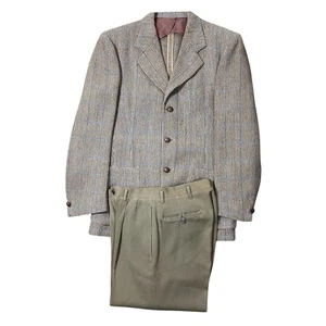 VTG 1940-1950s Wool/Tweed Blue Pinstripe Blazer Leather Buttons & Worn Pants - Picture 1 of 24