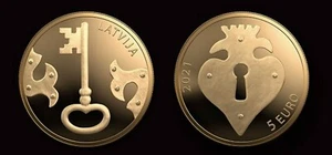 Moneda de 5 euros de oro Letonia 2021 - La llave boda matrimonio PRUEBA - Imagen 1 de 1