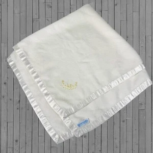 Vtg Churchill Baby Blanket Cream Hand Woven Satin Trim Yellow Flowers Embroidery - Picture 1 of 13