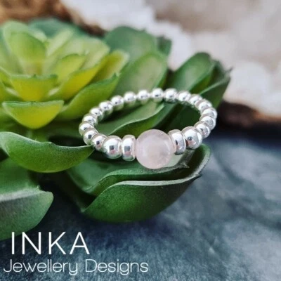 INKA Sterling Silver stacking Stretch Ring Thumb ring with Rose Quartz bead - Image 1 of 4
