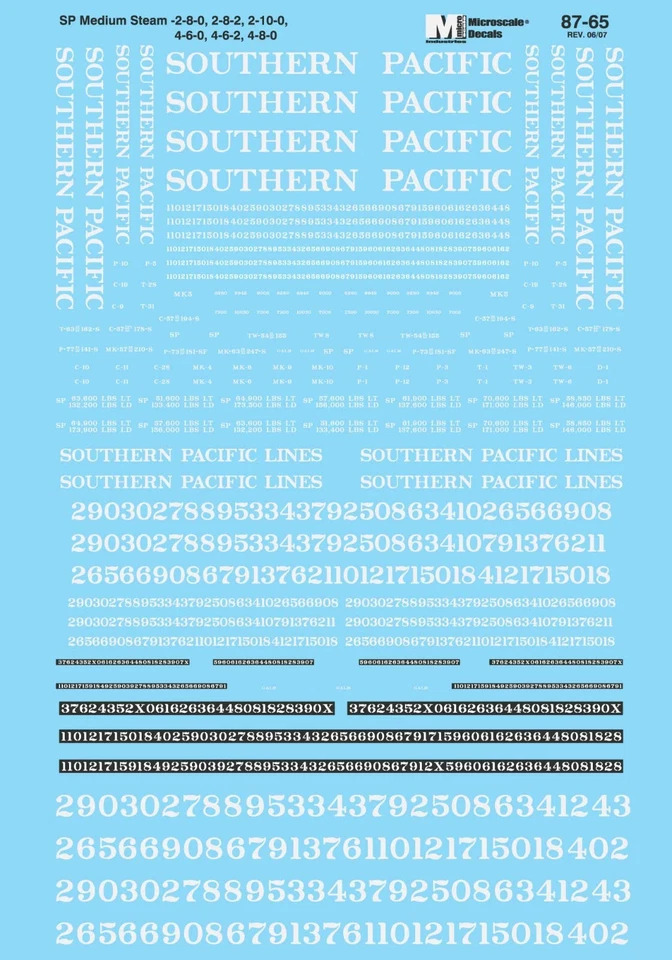 Microscale 87-65 HO Southern Pacific 280 282 460 462 480 Steam Locomotive Decals - Image 1 of 1