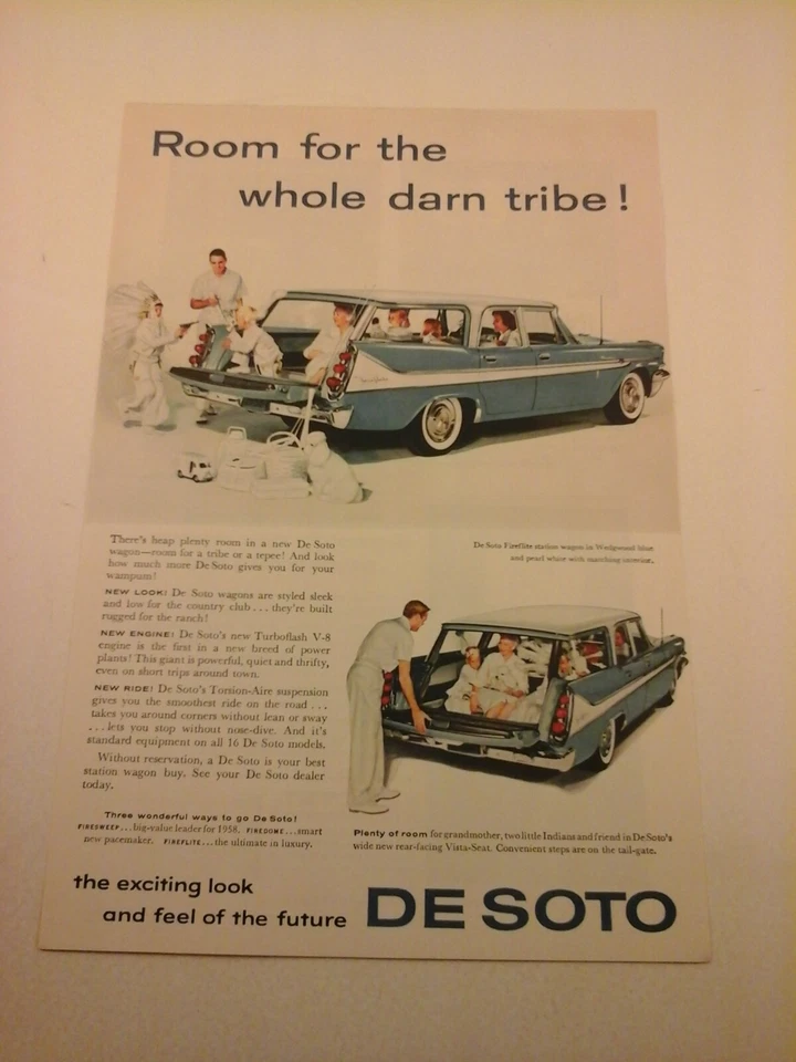 Anuncio impreso de coche 1958 de colección '58 DE SOTO FIREFLITE STATION WAGON EN WEDGEWOOD AZUL Foto 1 de 1