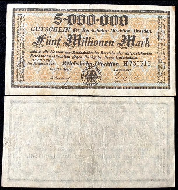 Authentic Historical Germany 5 MILLION Mark 1923 Railroad Dresden 99 Years Old - Image 1 of 1