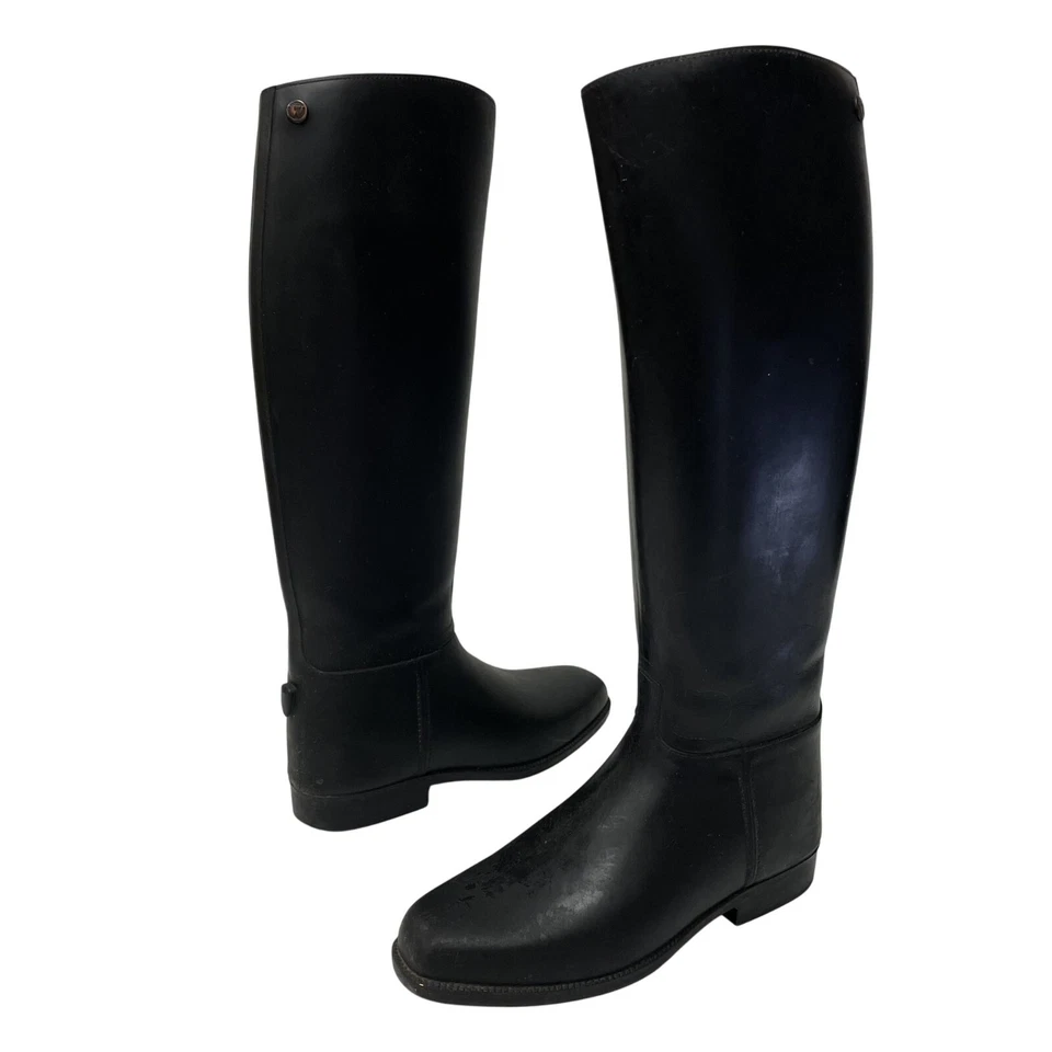 Vtg Finland Women Equestrian TALL Horse Riding Black RUBBER Dress Boots 41 US 9 - Image 1 of 4