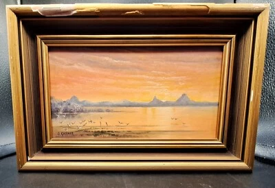 Pintura al óleo firmada a bordo Olga Garner 12 cmX23 cm "Puesta de sol sobre invernadero" Foto 1 de 4