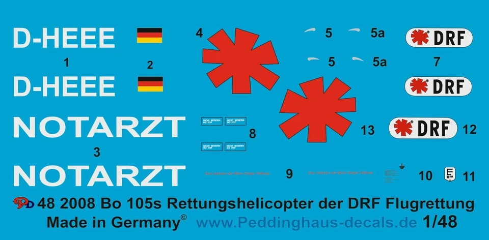 Decalcomanie Peddinghaus 1/48 2008 Bo 105 S Elicottero Di Soccorso DRF - Immagine 1 di 1
