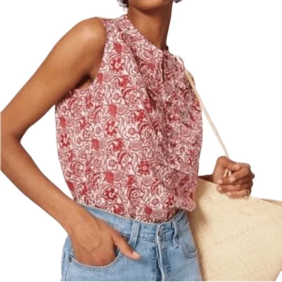 Derek Lam 衬衫尺寸 XXL 花卉红色模拟领无袖荷叶边浪漫 — 第 1/4 张图片