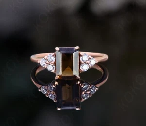 Smokey Quartz 925 Silver 14K Rose Gold Plated Engagement Ring Wedding Ring - Picture 1 of 11